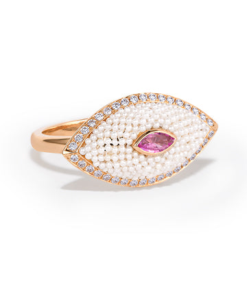 Pearl, Diamond and Pink sapphire ring